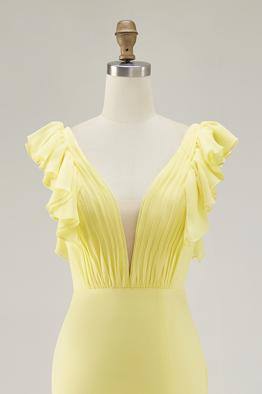 Yellow Chiffon V Neck Mermaid Ruffled Maxi Formal Dress with Slit