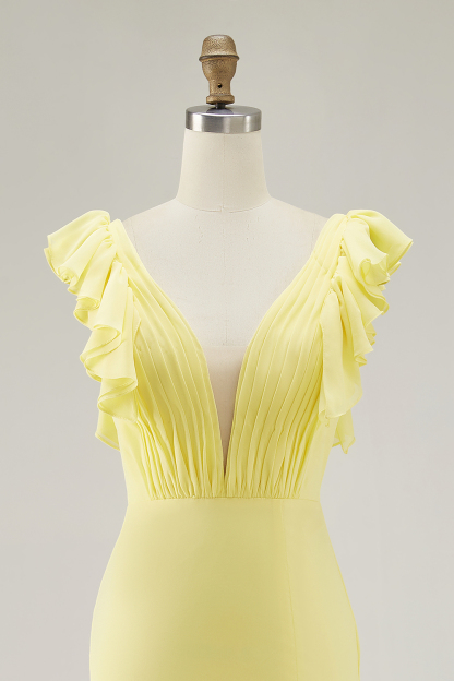 Yellow Chiffon V Neck Mermaid Ruffled Maxi Formal Dress with Slit