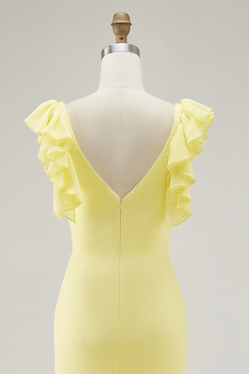 Yellow Chiffon V Neck Mermaid Ruffled Maxi Formal Dress with Slit