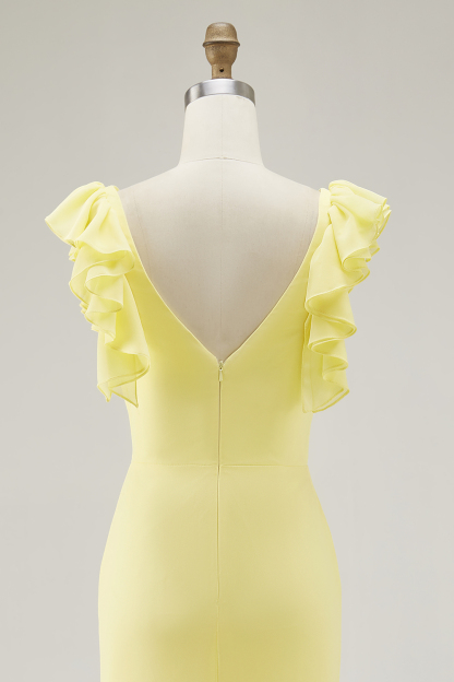 Yellow Chiffon V Neck Mermaid Ruffled Maxi Formal Dress with Slit