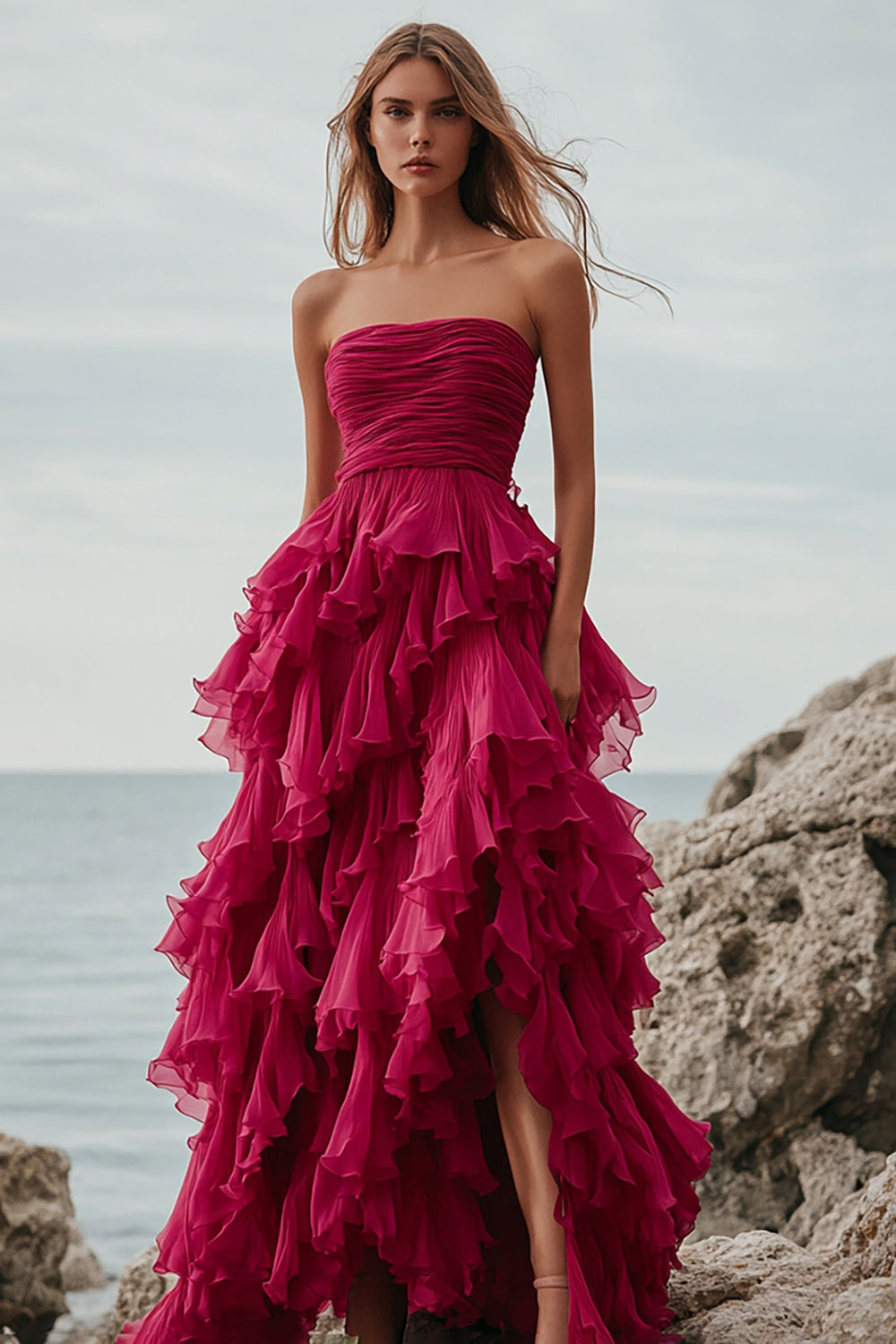 Fuchsia Tulle Strapless A Line Ruffled Long Formal Dress with Slit