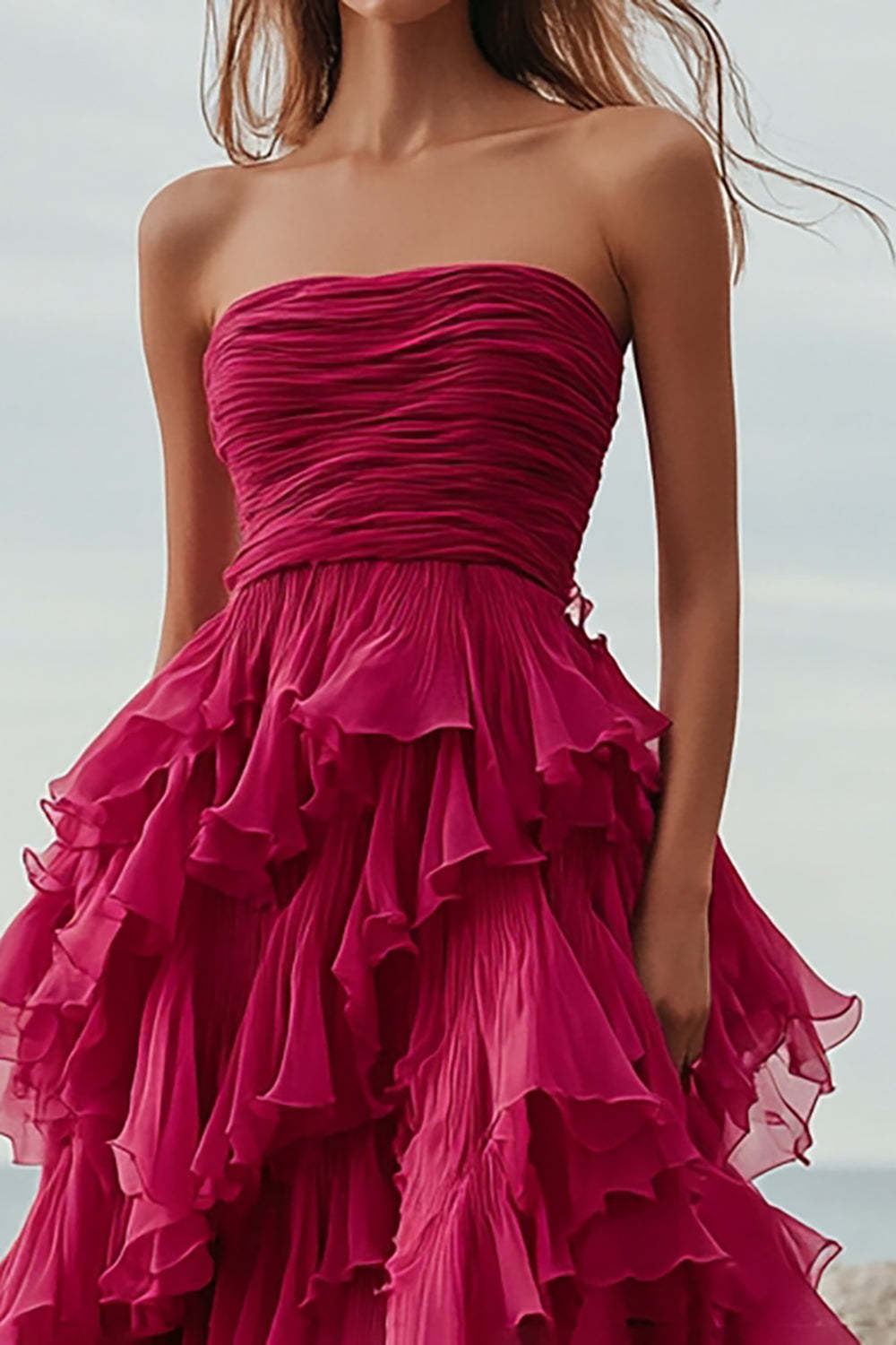 Fuchsia Tulle Strapless A Line Ruffled Long Formal Dress with Slit