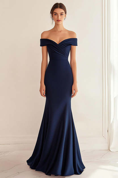 Leely Women Simple Navy Mermaid Long Formal Dress Satin V-Neck Ruched Off the Shoulder Black Tie Dress