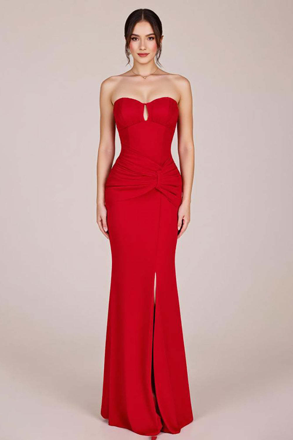 Leely Women Red Sheath Keyhole Maxi Formal Dress with Slit Strapless Ruched Sweetheart Evening Dress