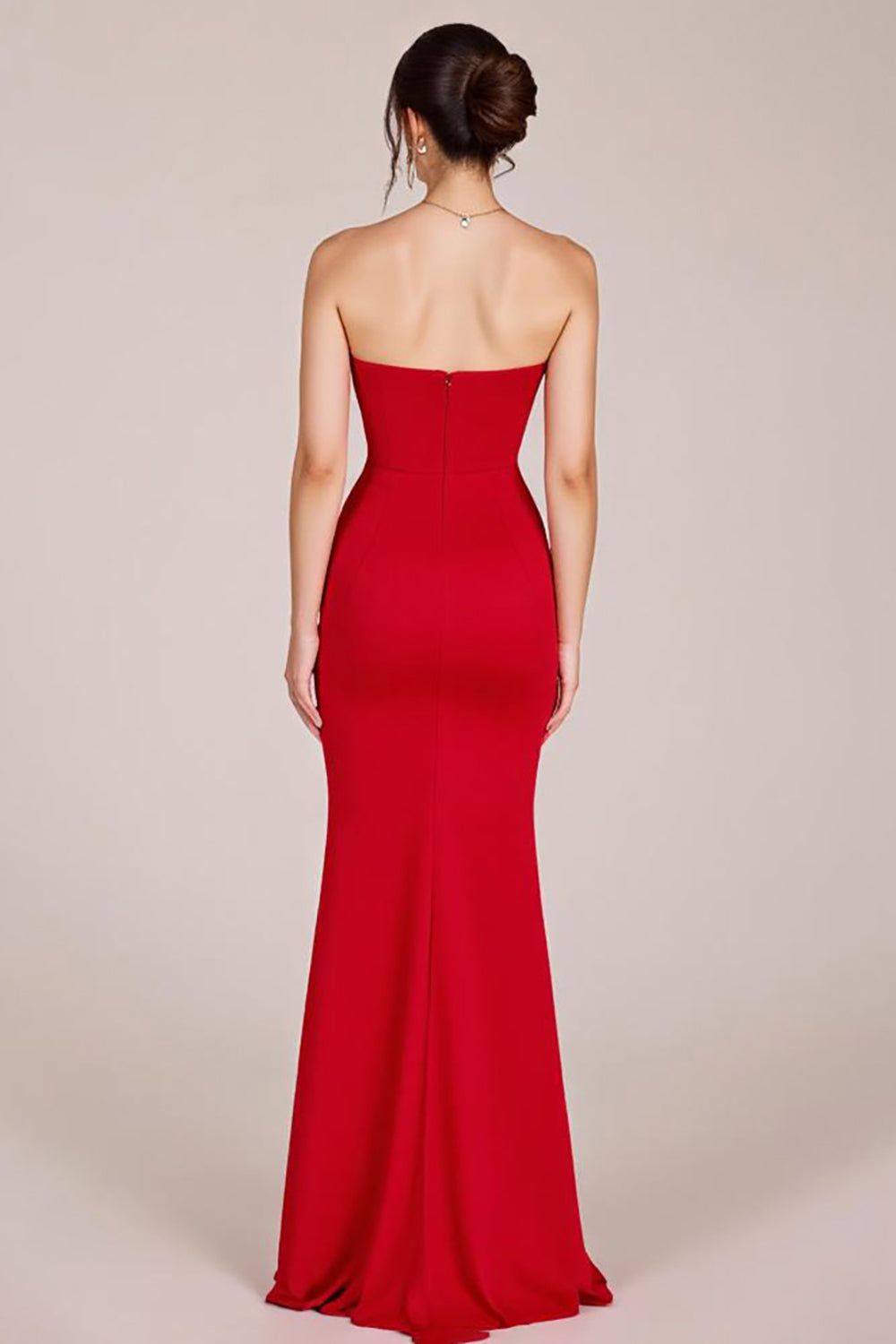 Red Strapless Keyhole Sheath Maxi Formal Dress with Slit