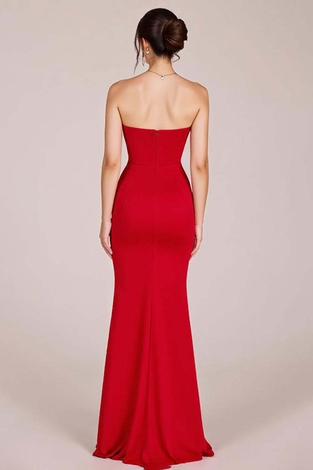 Red Strapless Keyhole Sheath Maxi Formal Dress with Slit