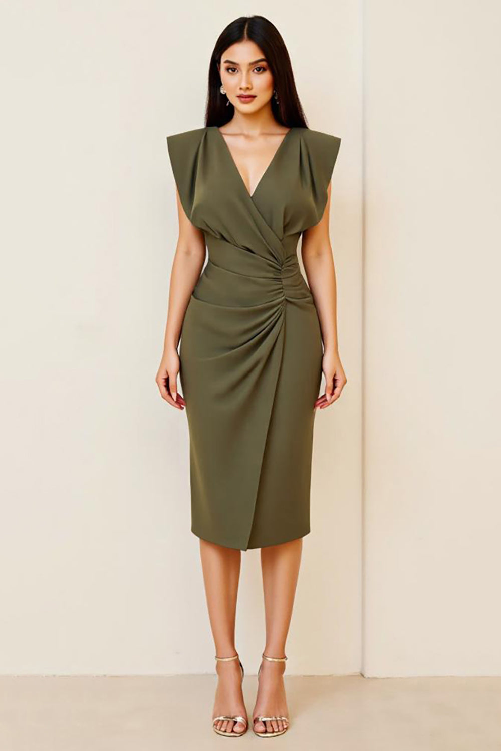 Olive V-Neck Ruched Sheath Tea Length Formal Dress