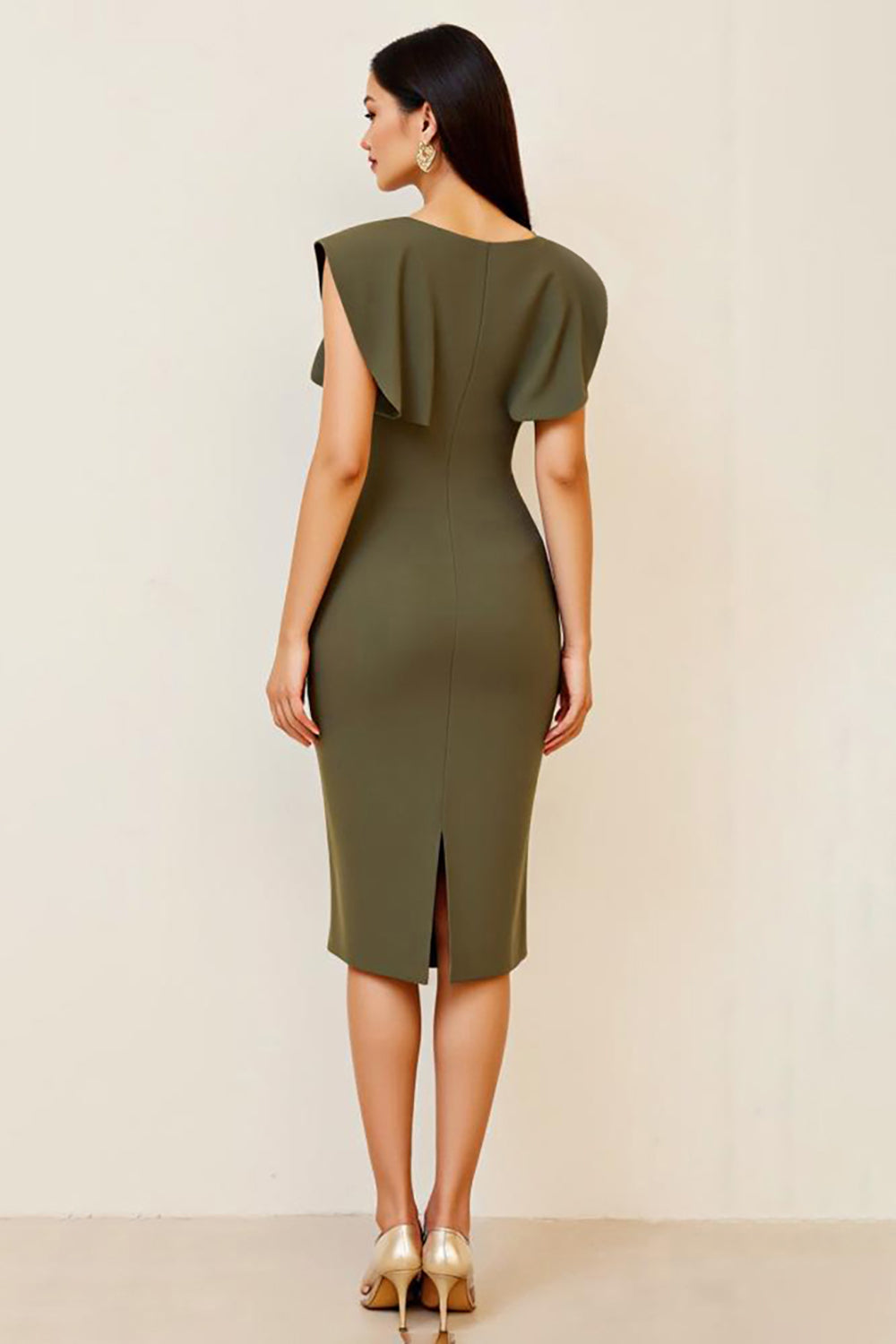 Olive V-Neck Ruched Sheath Tea Length Formal Dress