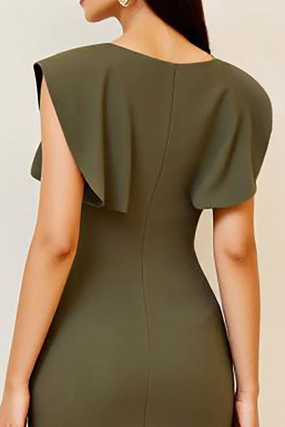 Olive V-Neck Ruched Sheath Tea Length Formal Dress