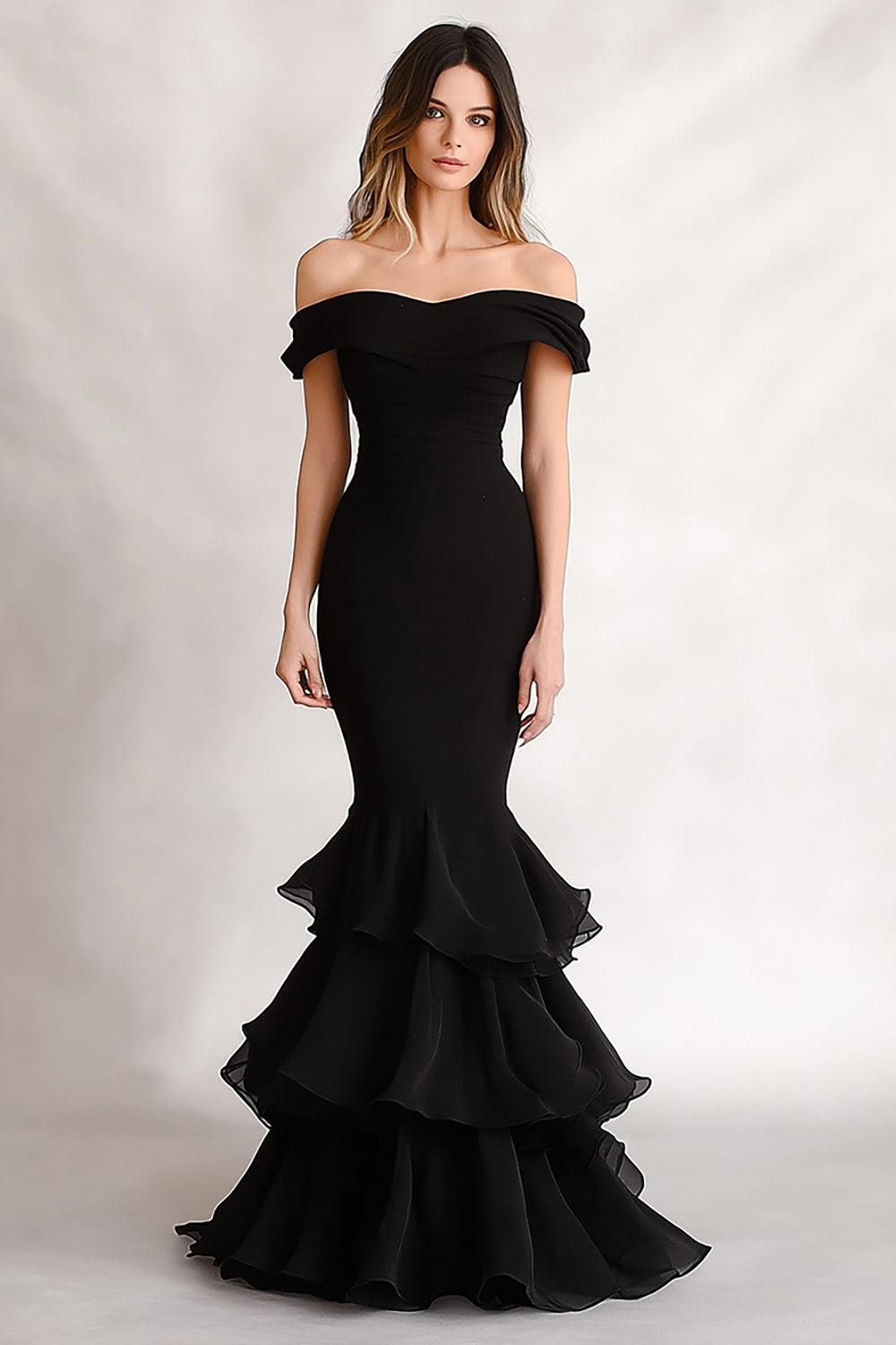 Black Ruffled Mermaid Off the Shoulder Long Formal Dress
