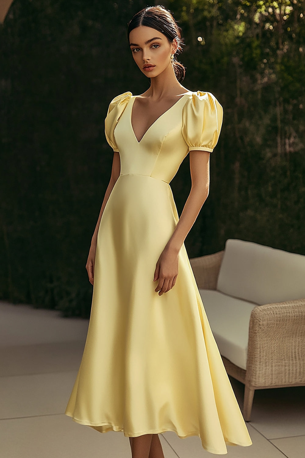 Yellow V-Neck A Line Satin Formal Dress with Puff Sleeves