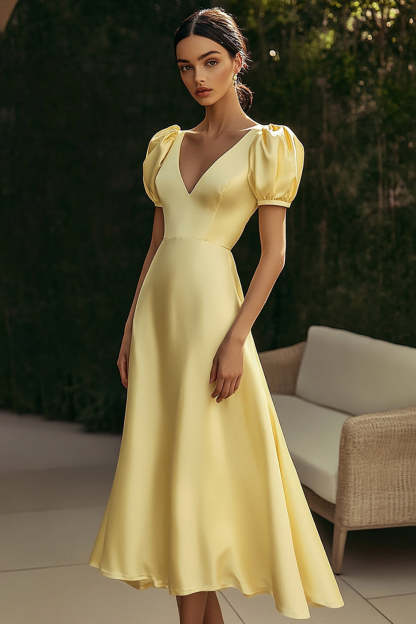 Leely Women Yellow A Line Satin Long Formal Dress Puff Sleeves V-Neck Wedding Guest Dress