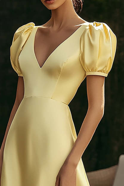Yellow V-Neck A Line Satin Formal Dress with Puff Sleeves