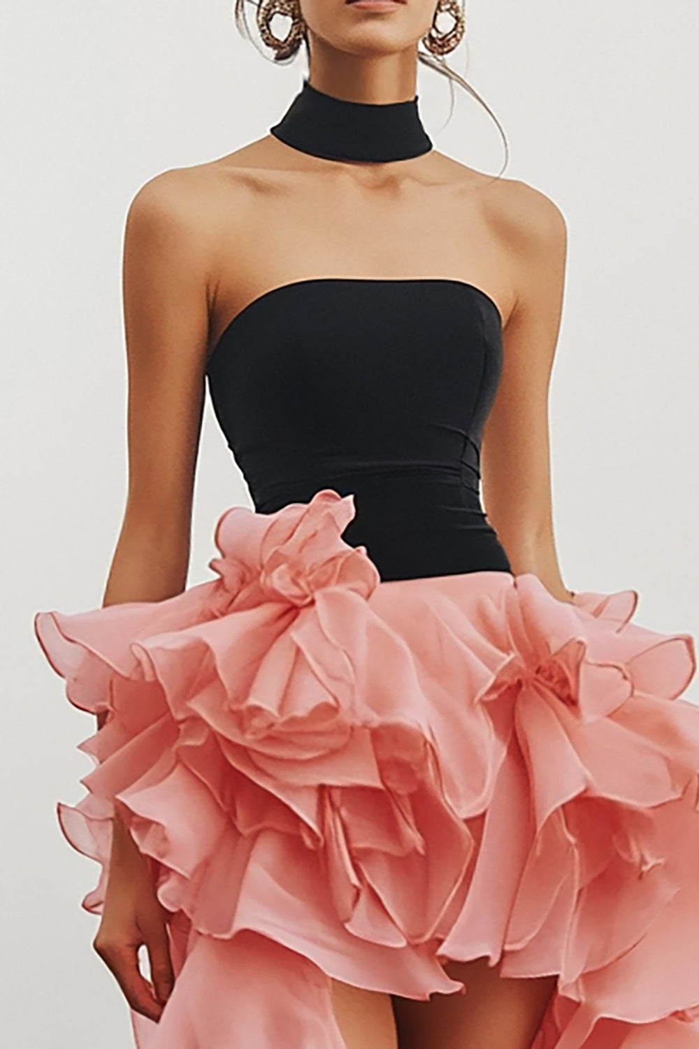 Black Pink Chiffon High Low Strapless Ruffled Formal Dress