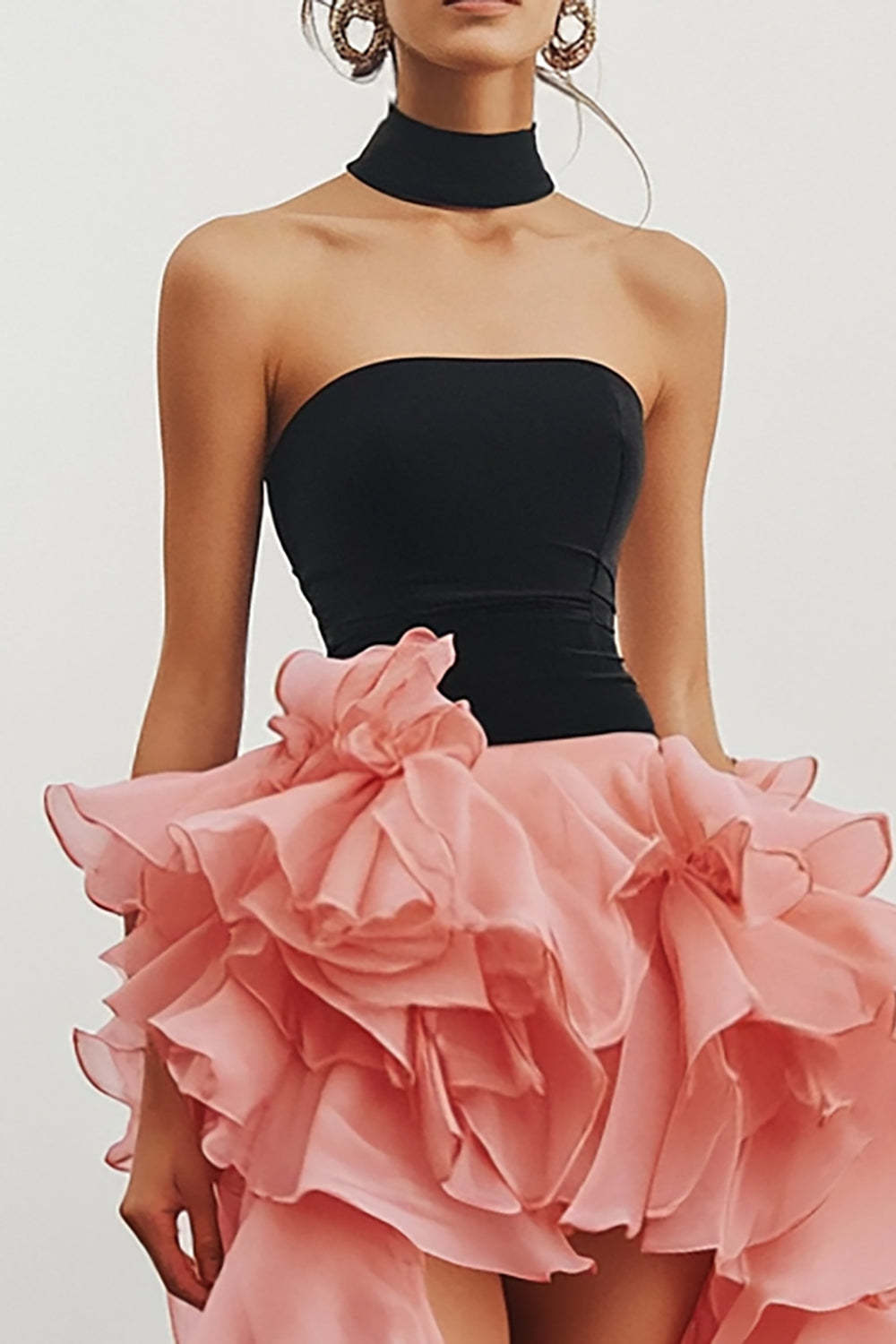 Black Pink Chiffon High Low Strapless Ruffled Formal Dress