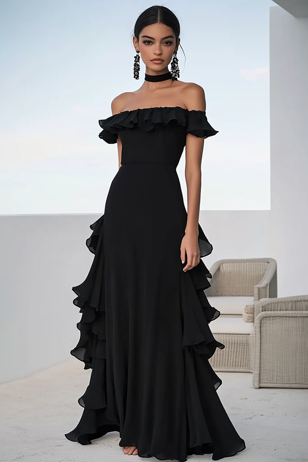 Black Off the Shoulder Chiffon Ruffled A Line Long Formal Dress