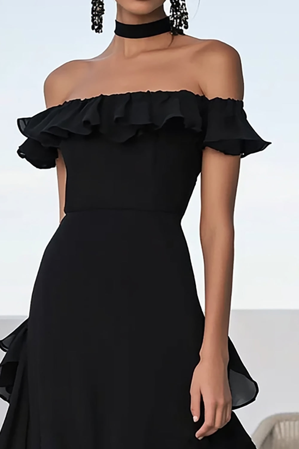 Black Off the Shoulder Chiffon Ruffled A Line Long Formal Dress