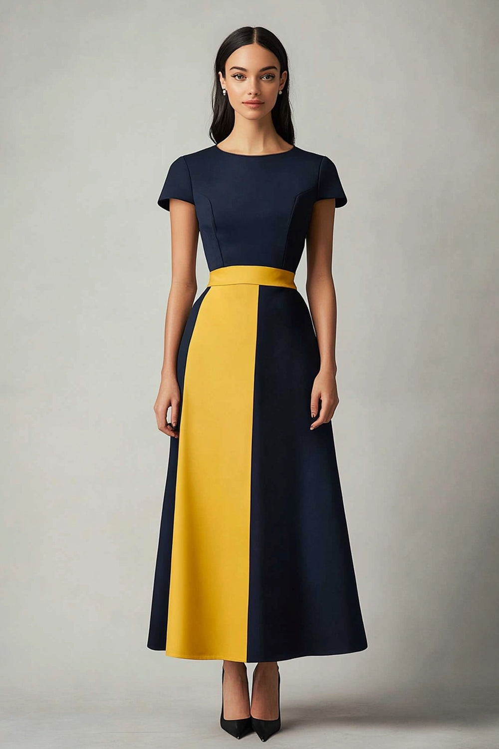 Navy Yellow Patchwork A Line Maxi Cocktail Dress with Short Sleeves