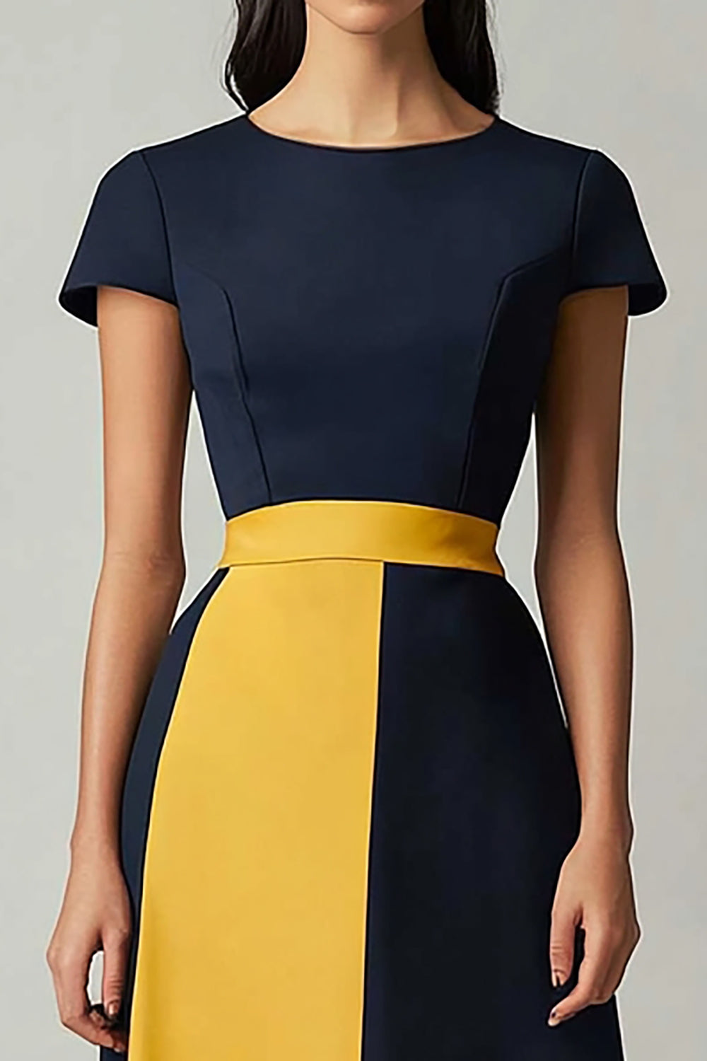 Navy Yellow Patchwork A Line Maxi Cocktail Dress with Short Sleeves