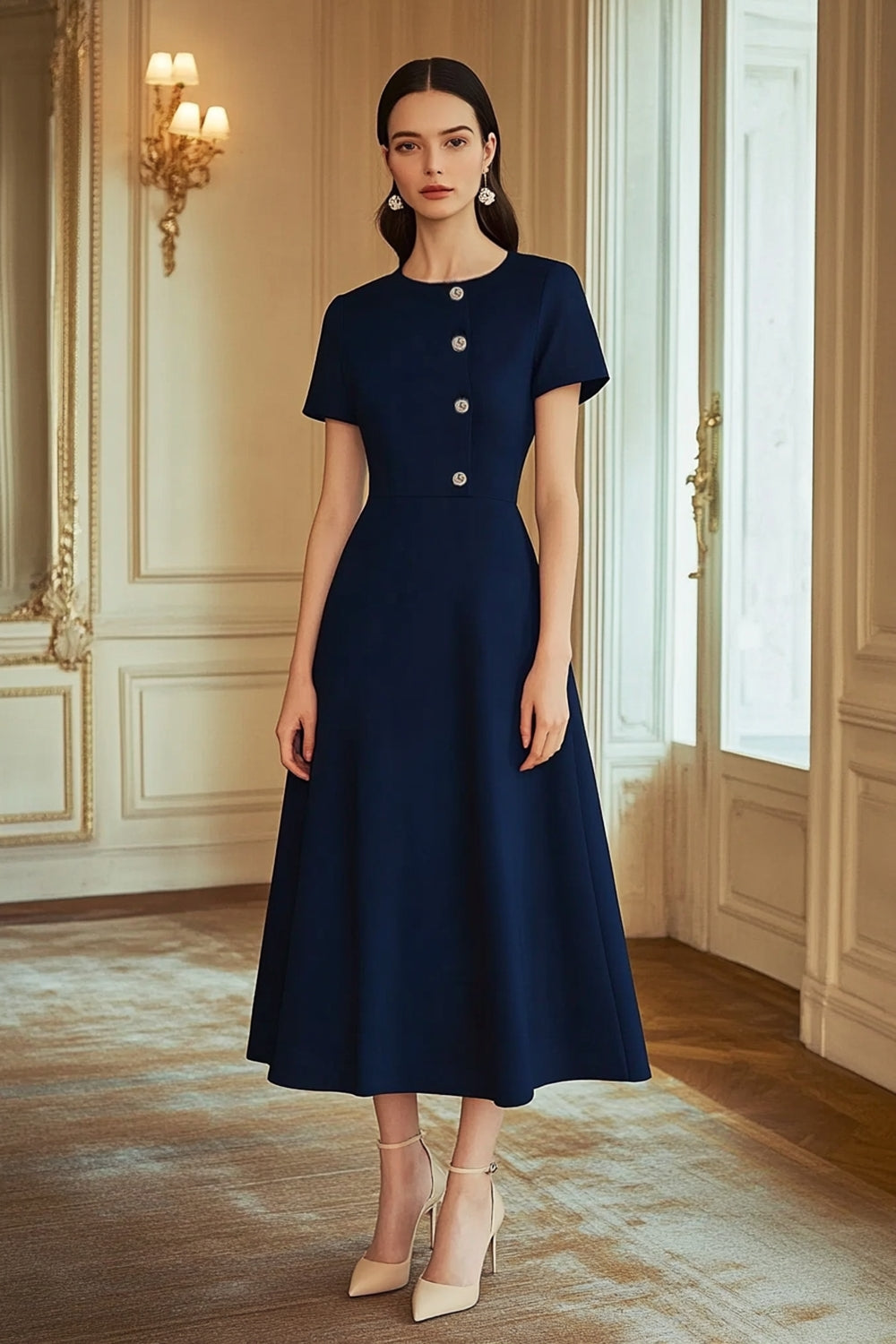Navy A Line Tea Length Semi Formal Dress with Short Sleeves