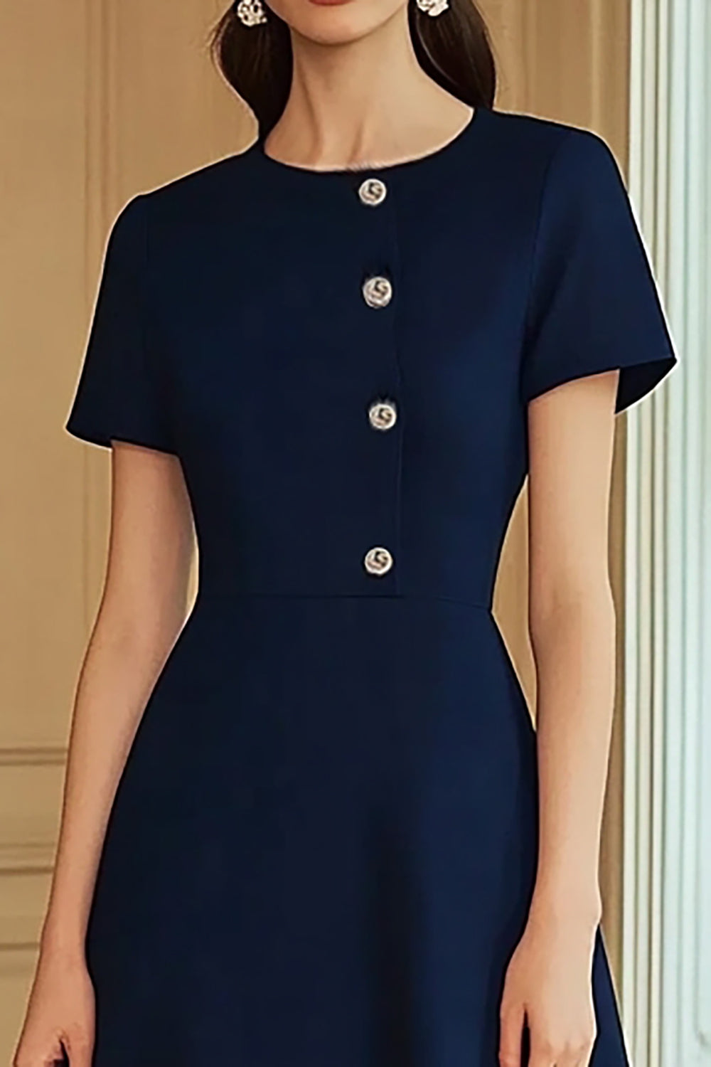 Navy A Line Tea Length Semi Formal Dress with Short Sleeves