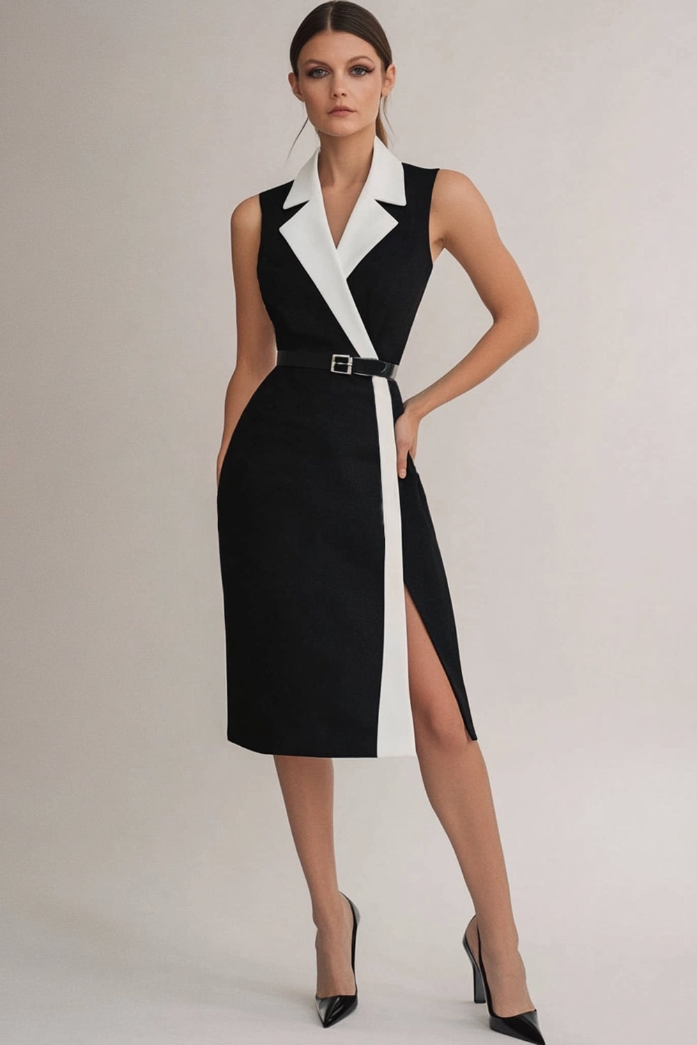 Black White Bodycon Knee-Length Cocktail Dress with Belt