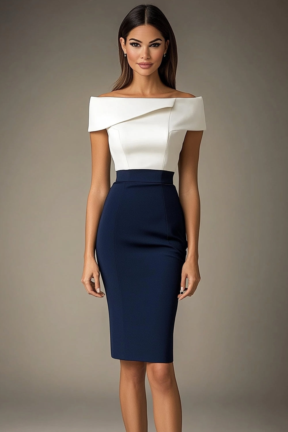 White Navy Patchwork Bodycon Off the Shoulder Knee-Length Cocktail Dress