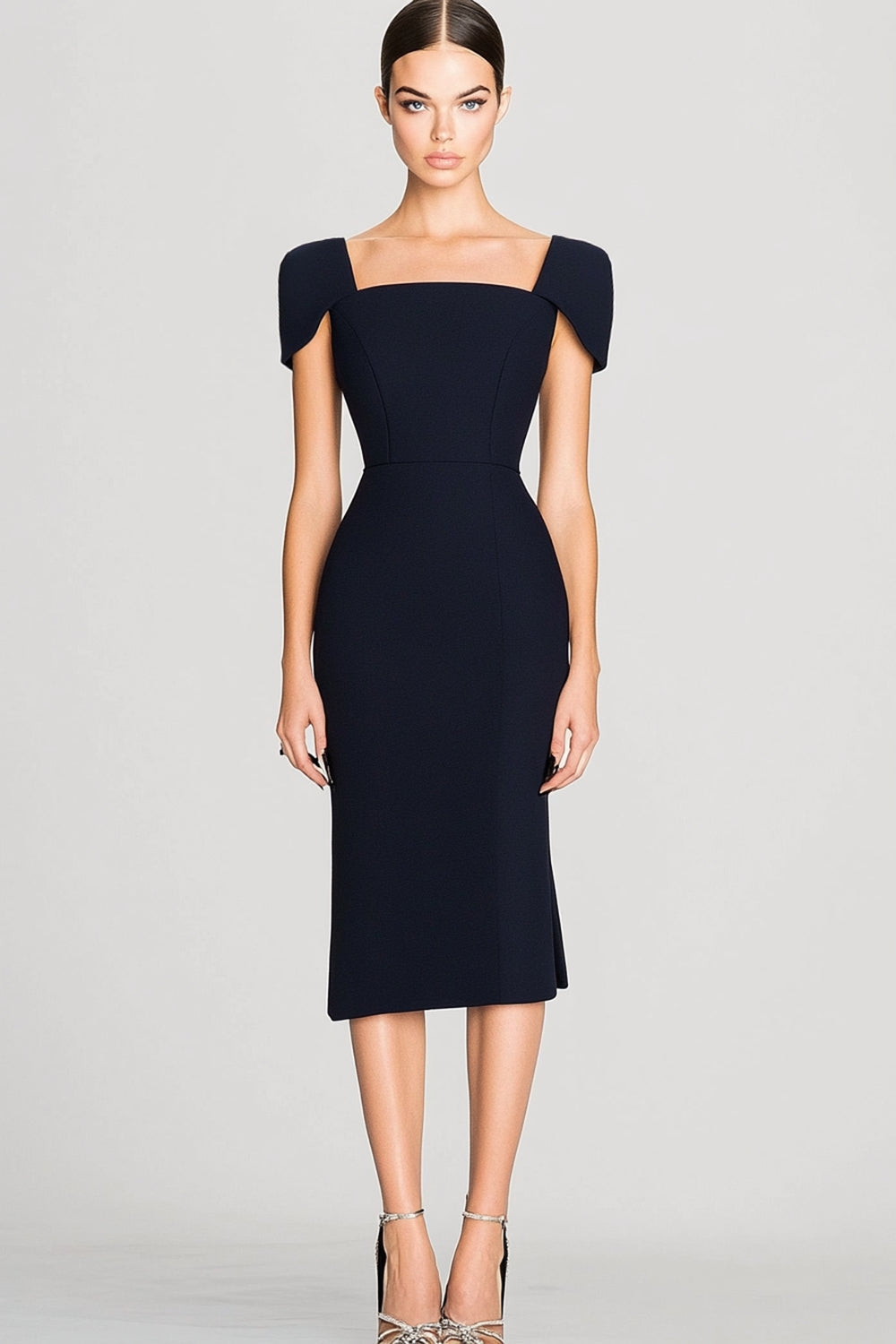 Black Sheath Square Neck Midi Semi Formal Dress