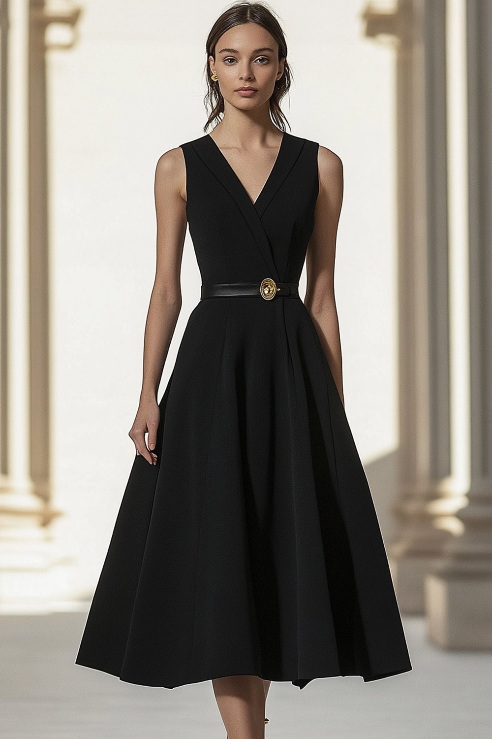 Black Tea Length V-Neck A Line Semi Formal Dress with Belt