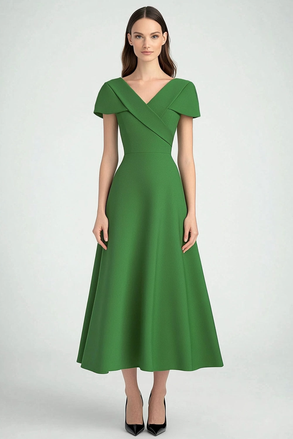 Green V-Neck A Line Tea-Length Semi-Formal Dress with Sleeves