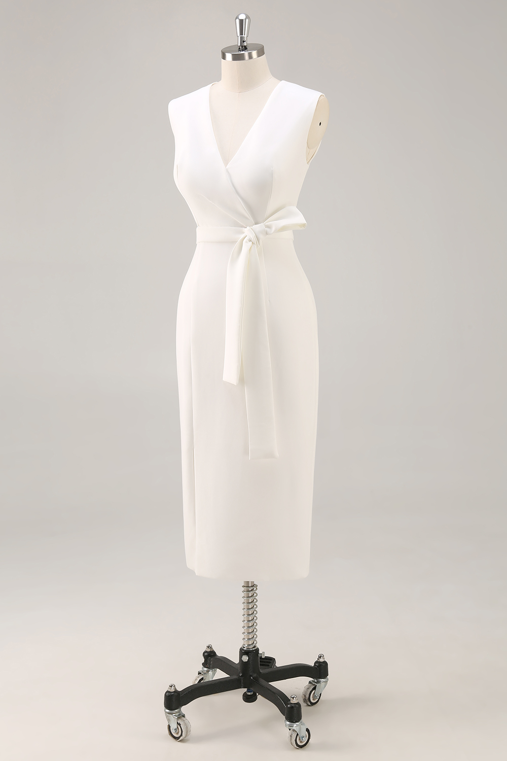 Midi White V-Neck Sheath Semi Formal Dress with Sash