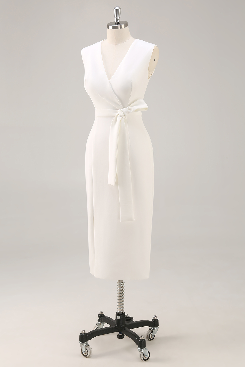 Midi White V-Neck Sheath Semi Formal Dress with Sash