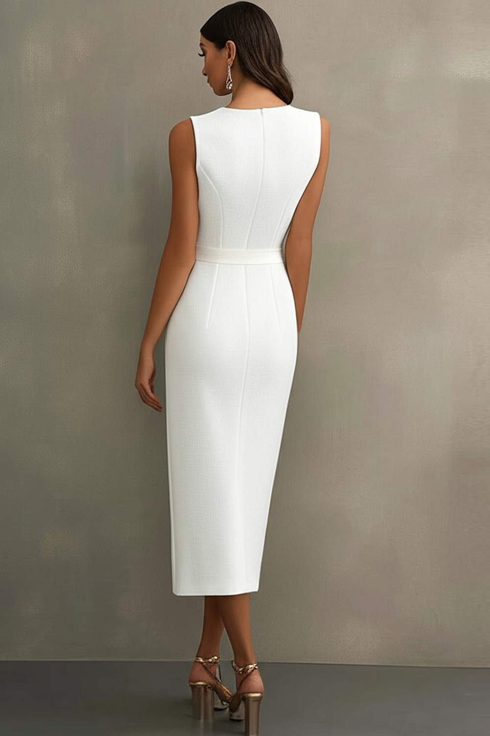 White Sheath V-Neck Tea Length Semi Formal Dress with Sash