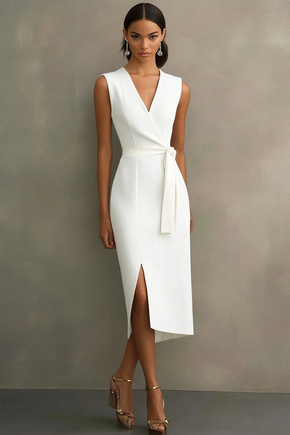 Leely Women White Bodycon Tea Length Satin Semi Formal Dress with Slit V-Neck Sleeveless Work Dress with Sash