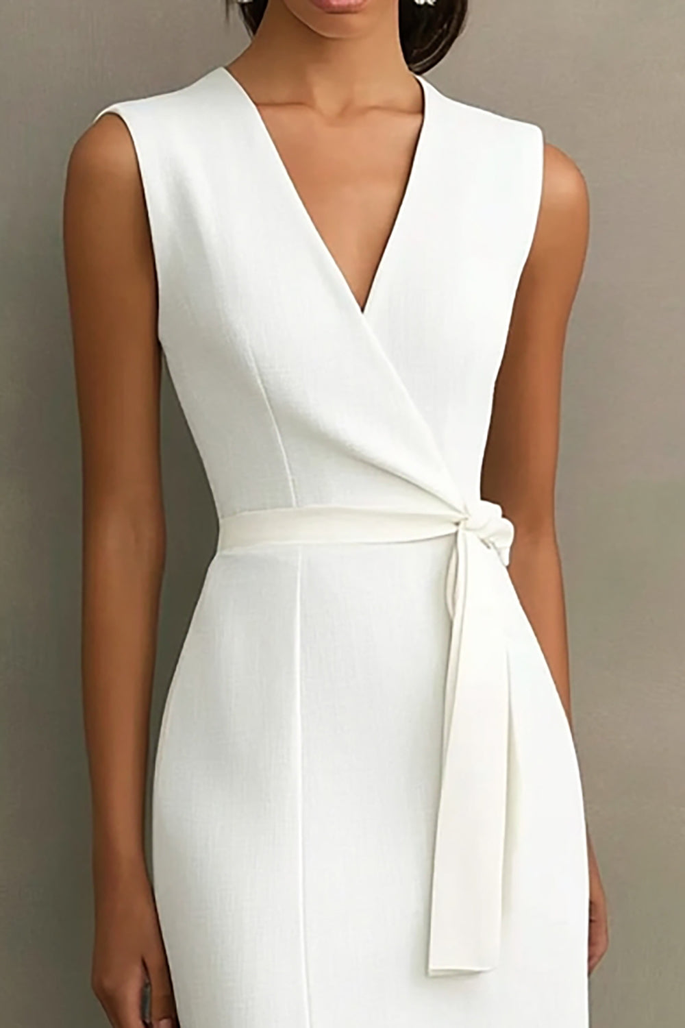 White Sheath V-Neck Tea Length Semi Formal Dress with Sash