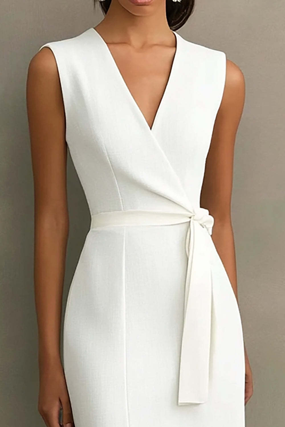 White Sheath V-Neck Tea Length Semi Formal Dress with Sash