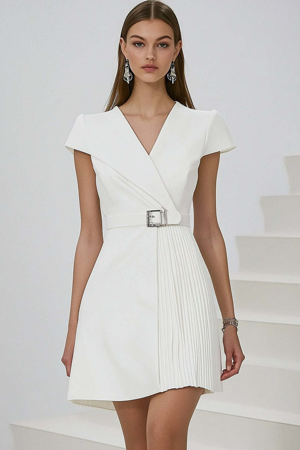 Leely Women White A Line Short Semi Formal Dress with Belt Cap Sleeves V-Neck Satin Work Dress