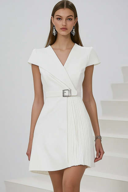 Leely Women White A Line Short Semi Formal Dress with Belt Cap Sleeves V-Neck Satin Work Dress