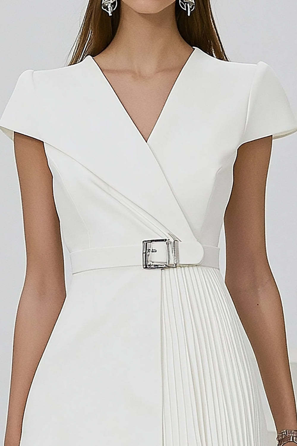White Pleated A Line Short Semi Formal Dress with Belt