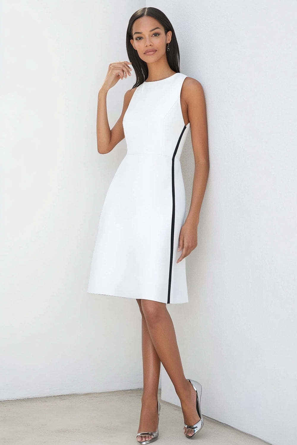 Leely Women Black White A Line Short Semi Formal Dress Satin Round Neck Knee-Length Work Dress