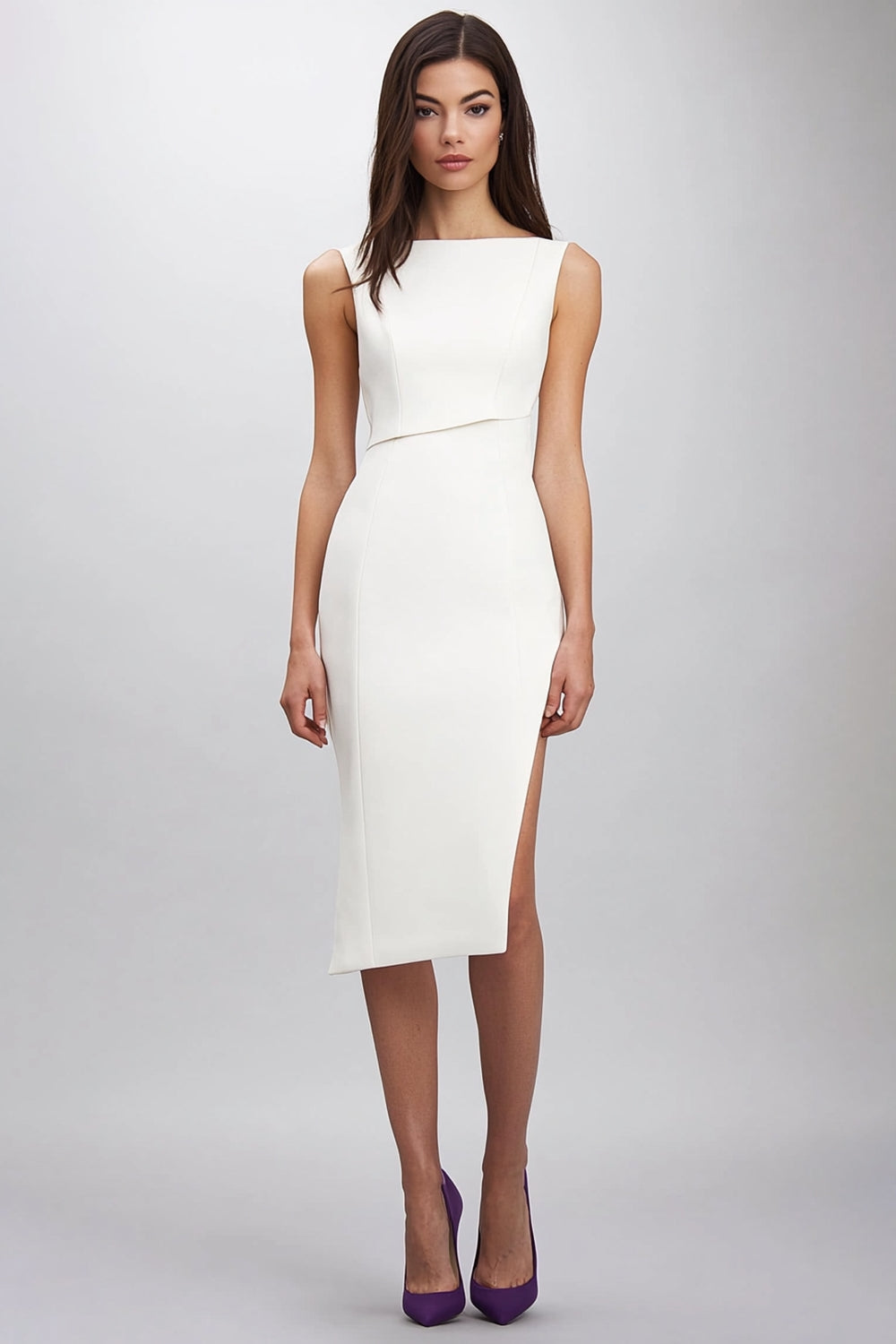 White Bodycon Simple Knee-Length Semi Formal Dress with Slit