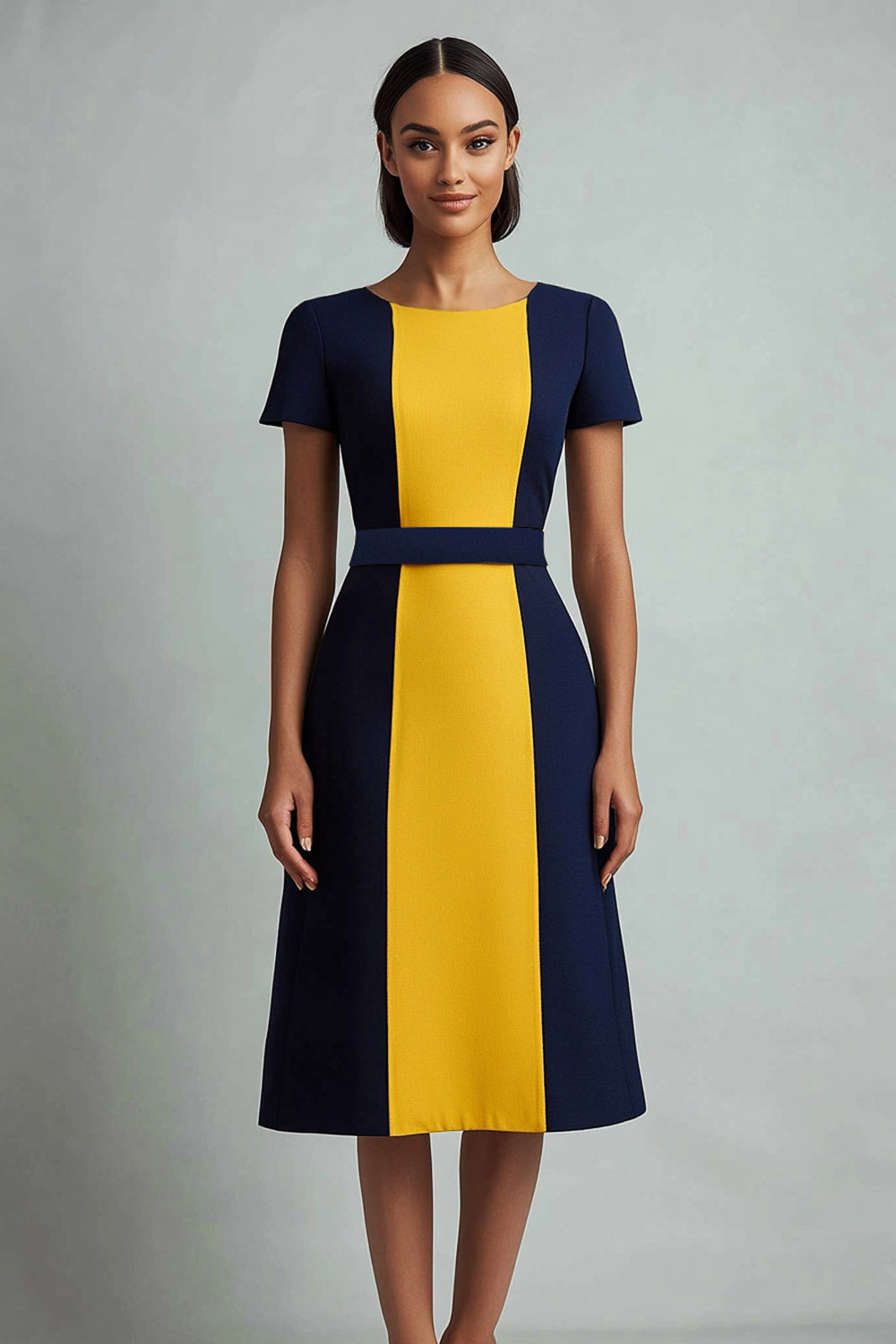 Navy Yellow Patchwork Boat Neck A Line Midi Cocktail Dress