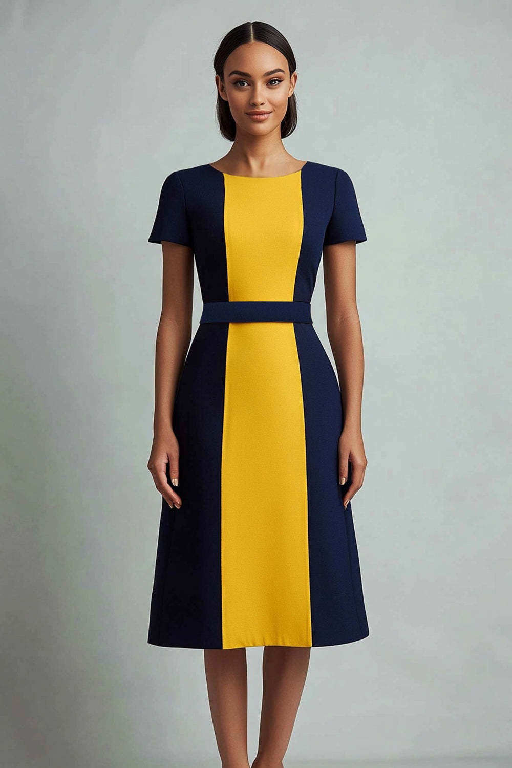 Leely Women Navy Yellow Patchwork A Line Midi Cocktail Dress Cap Sleeves Boat Neck Work Dress