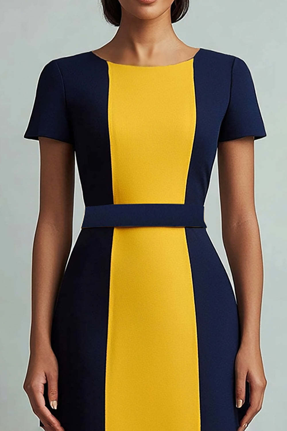 Navy Yellow Patchwork Boat Neck A Line Midi Cocktail Dress