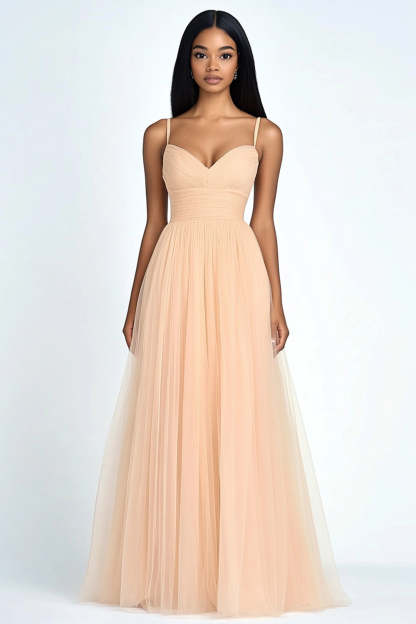 Leely Women Peach A Line Tulle Maxi Wedding Guest Dress Spaghetti Straps Sweetheart Pleated Bridesmaid Dress