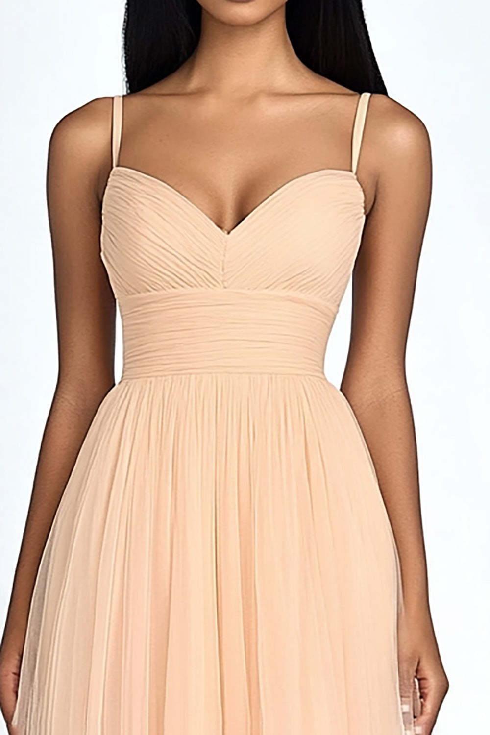 Peach Tulle Spaghetti Straps A Line Pleated Maxi Wedding Guest Dress
