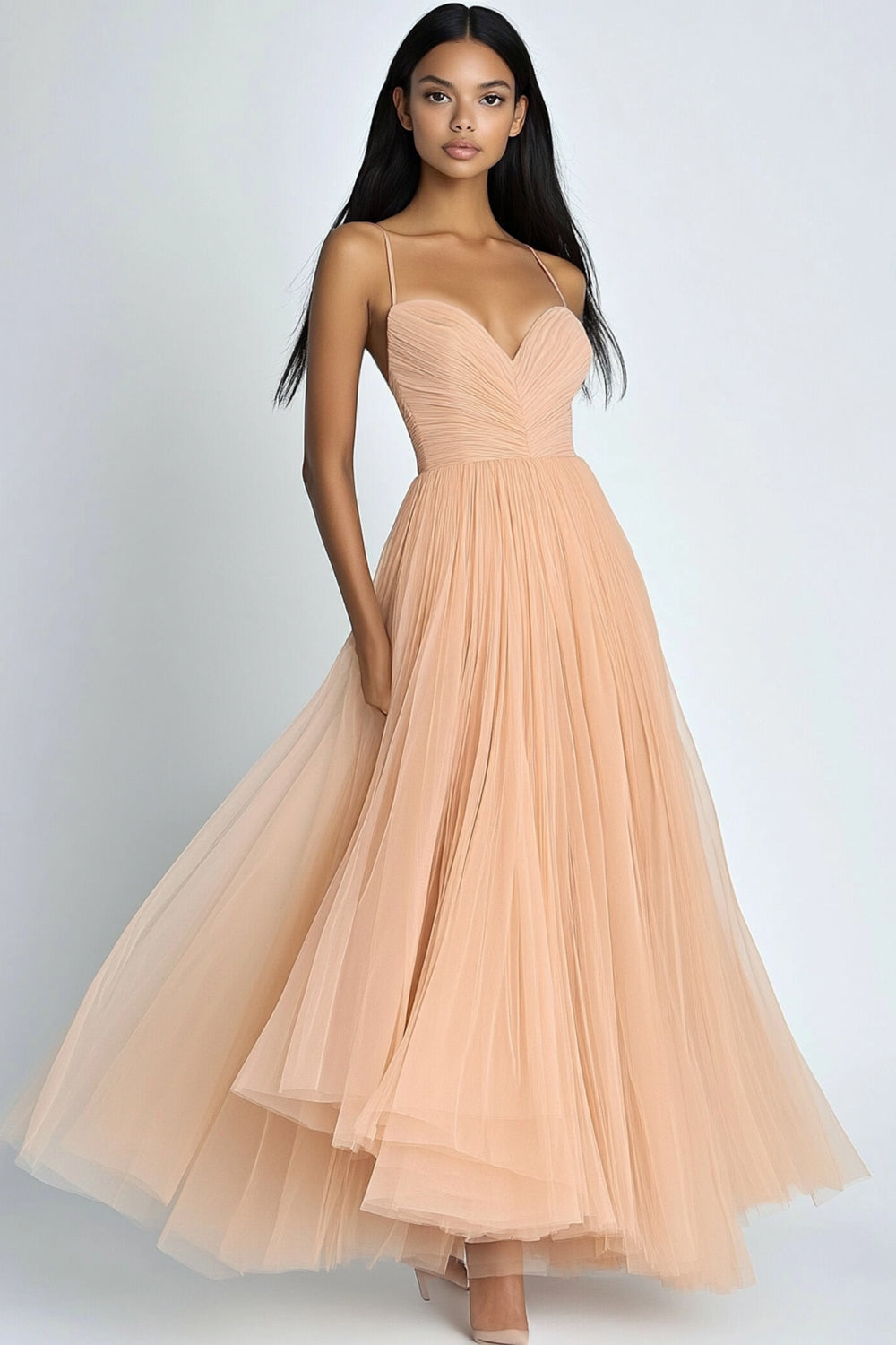 Peach A Line Spaghetti Straps Pleated Long Wedding Guest Dress