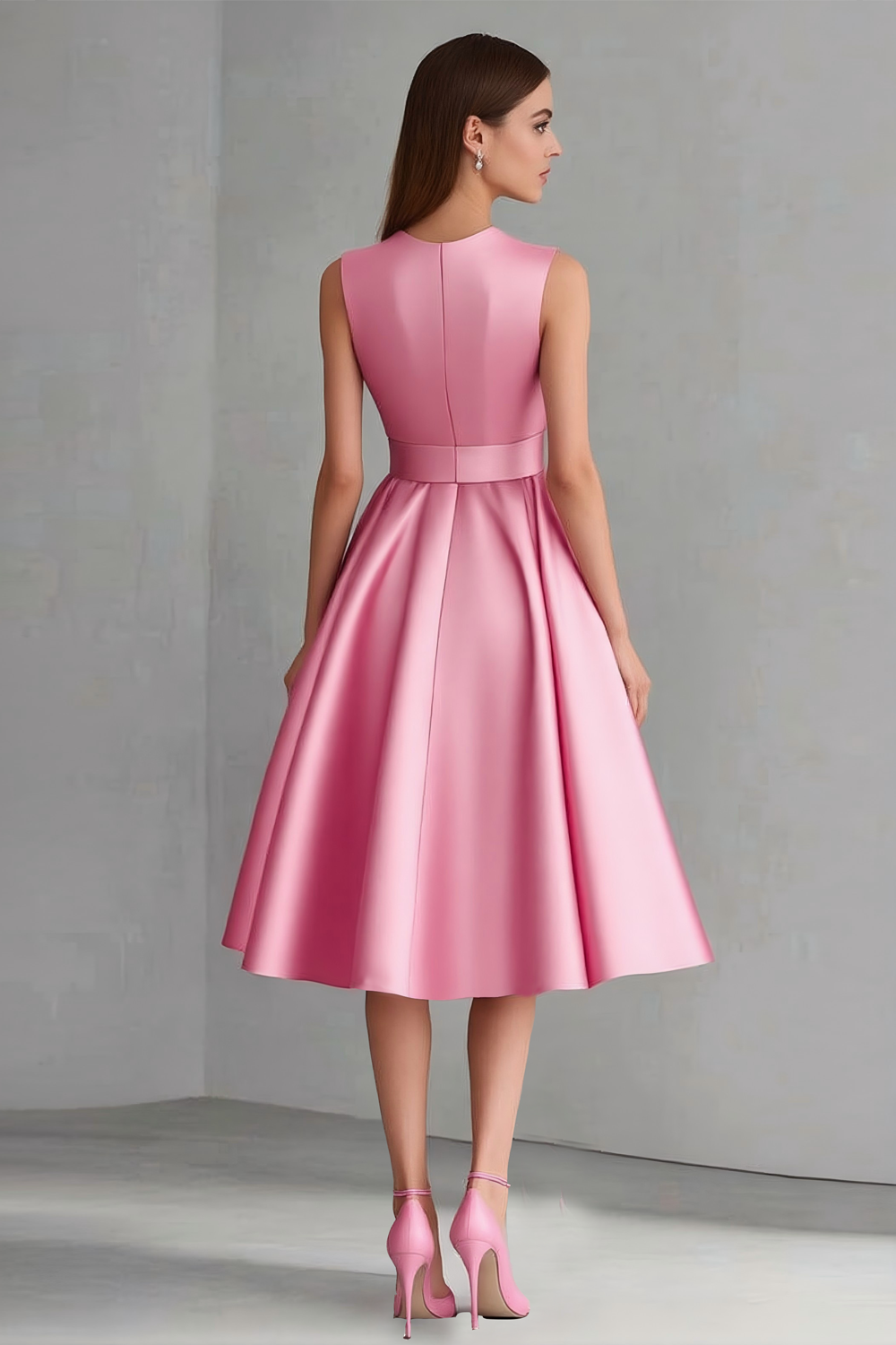 Pink Satin V Neck A Line Midi Wedding Guest Dress with Bow