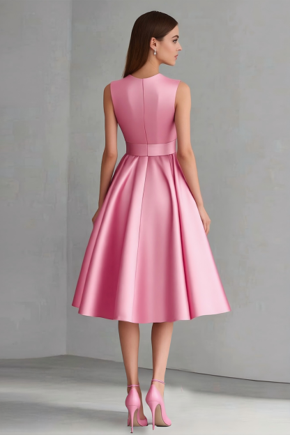 Pink Satin V Neck A Line Midi Wedding Guest Dress with Bow