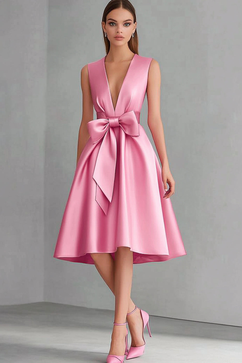 Leely Women Pink Satin A Line Midi Wedding Guest Dress with Bow Deep V-Neck Sleeveless Semi-Formal Dress
